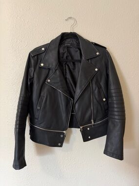 Zara Black Faux Leather Moto Jacket with Quilted Sleeves